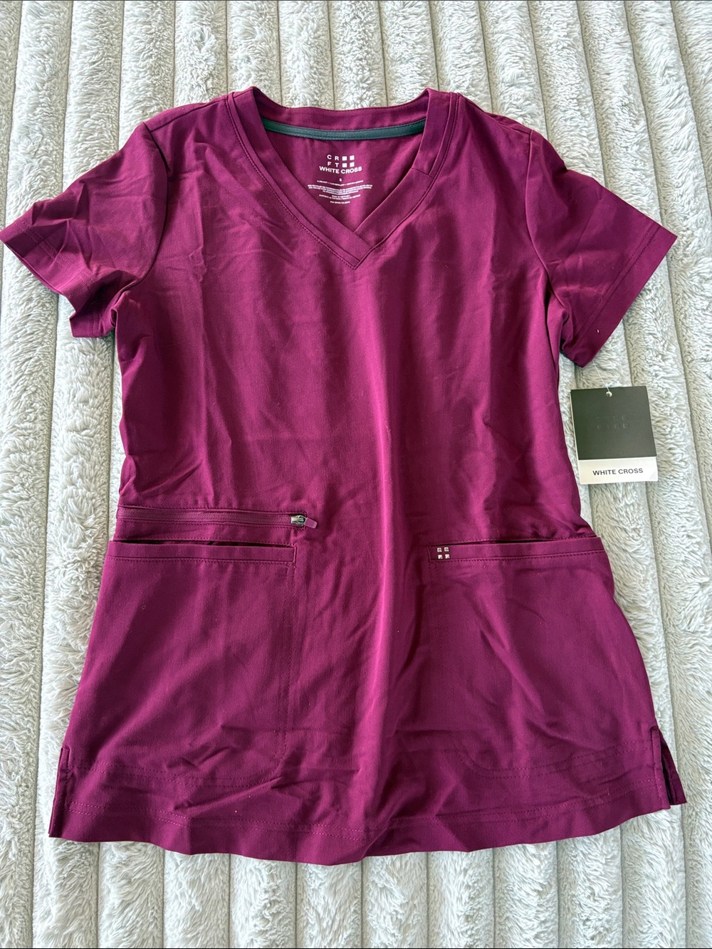 White Cross Women's V-Neck Scrub Dress in Burgundy